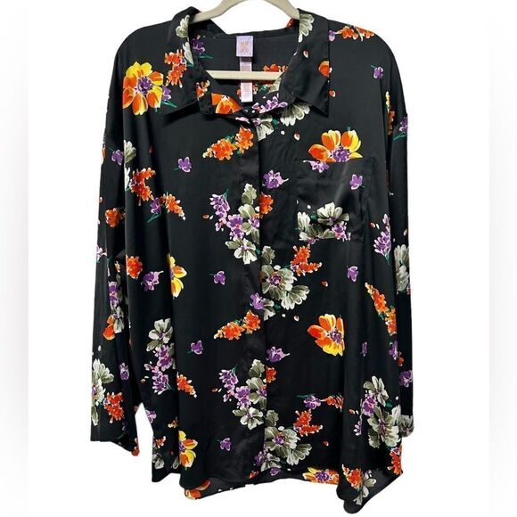 Savage X Fenty Tops - Savage X Fenty Floral Black Long Sleeve Button Down Blouse Orange Purple Flowers